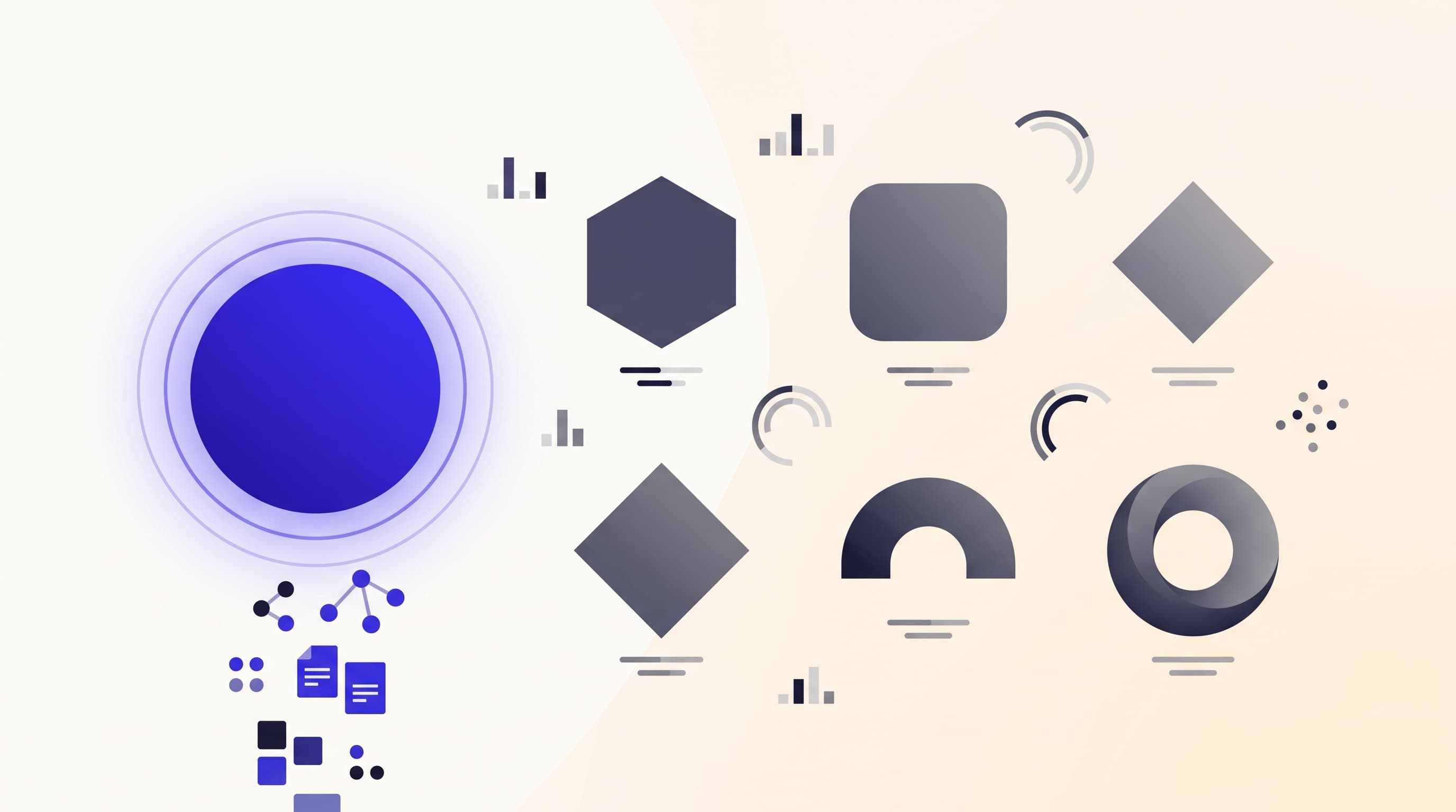 Abstract editorial illustration showing one bright illuminated circle representing the leading AI SEO platform, surrounded by dimmer circles representing competitor tools, with clean geometric data lines and citation glyphs in MentionLayer brand colors.